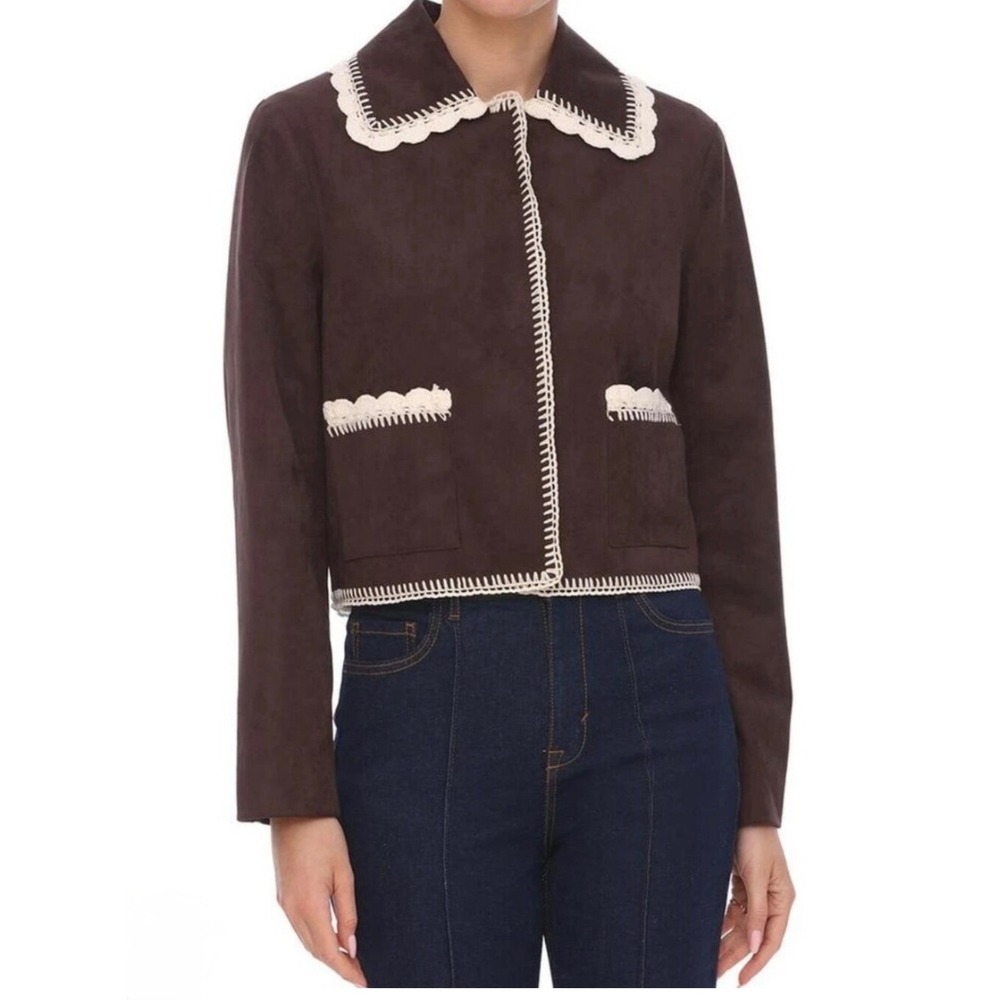 Bagatelle Collection Brown Faux Suede Crochet Trim Jacket Cottagecore Coat 85110 - Picture 2 of 15